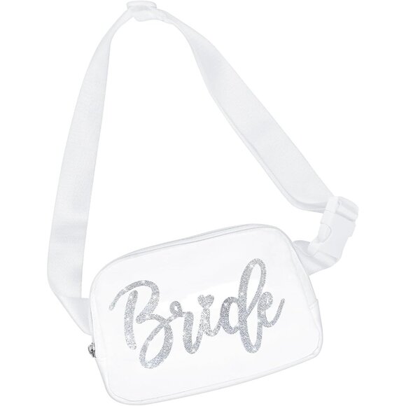 Elegant White Bride Fanny Pack with Silver Glitter Lettering, Water-Resistant Ny - Picture 1 of 6